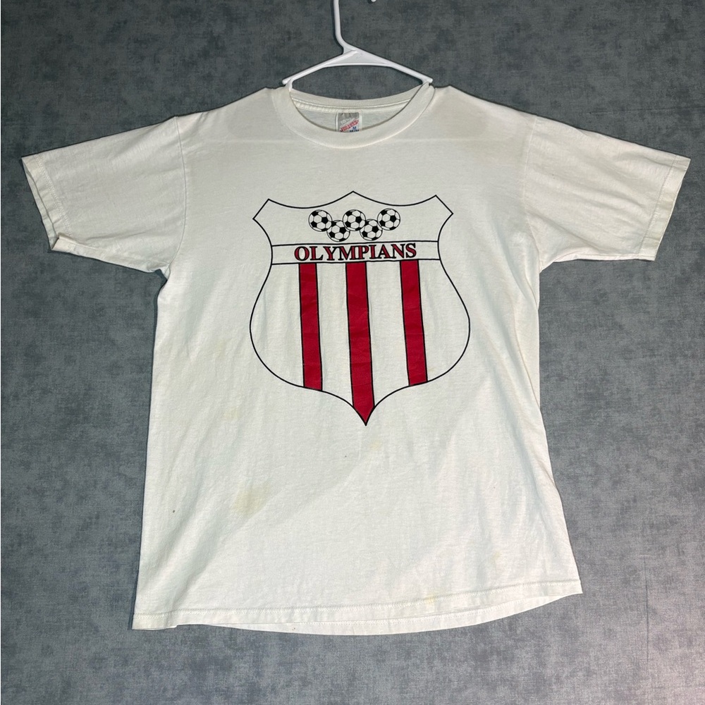 Vintage Olympians Soccer T-Shirt Jerzees USA Made 50/50 Medium Distressed